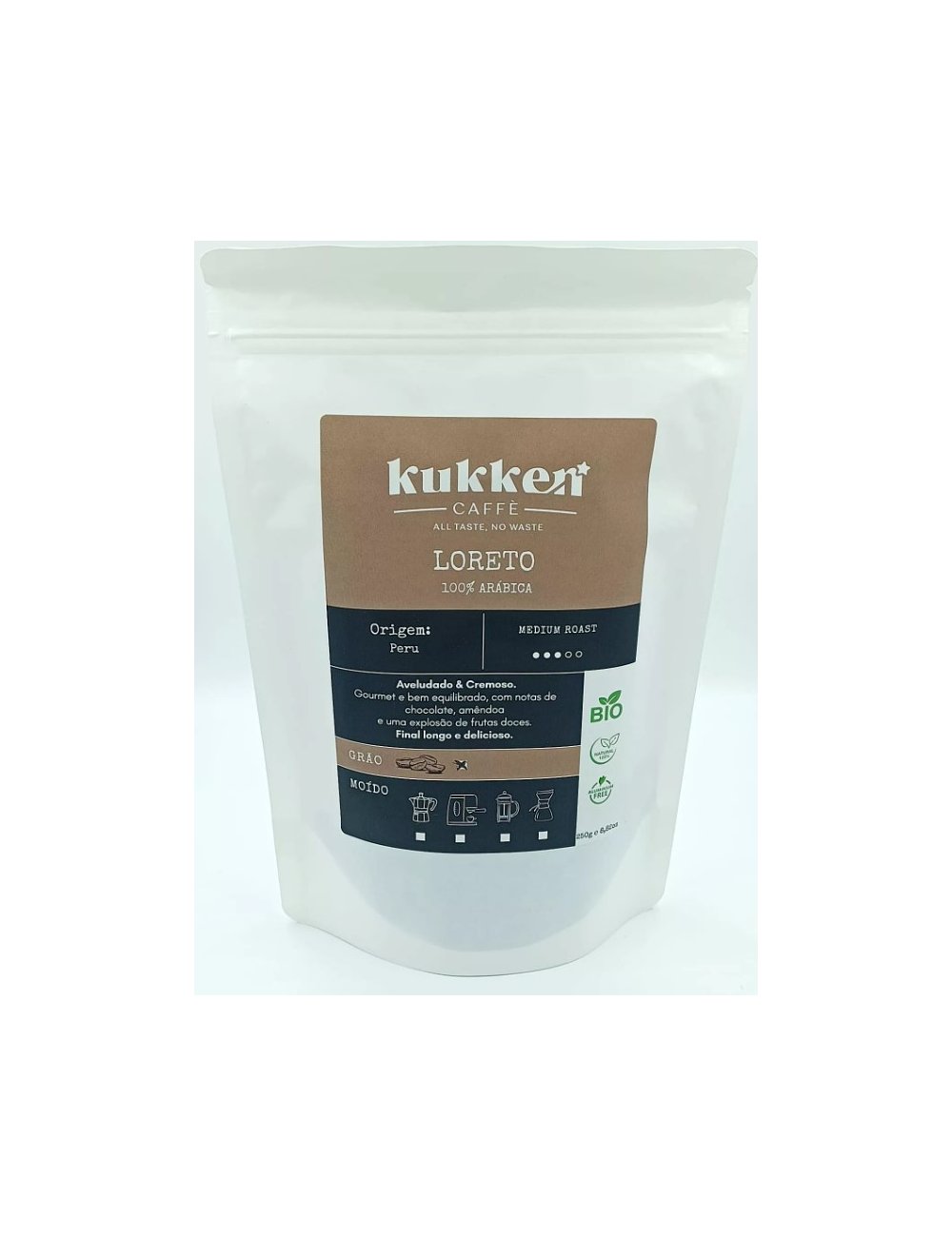 CAFÉ BIO TORRADO EM GRÃO LORETO- 250G - KUKKEN